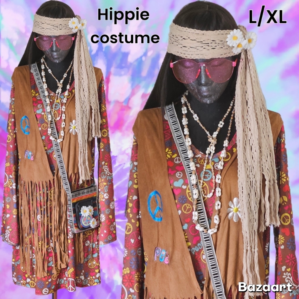 Halloween Costume Flower Child Hippie 60's Cosstume Woman's Size L/XL